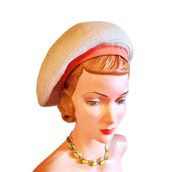 1960s Vintage Designer Big Bubble Beret Hat Tan and Orange Trim Hattie Carnegie - Picture 2 of 6